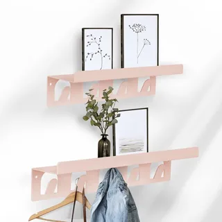 Wandregal aus Metall im praktischen 2er Set - Pink oder Grün - Raumdeko - Robuste Verarbeitung & leichte Anbringung - Wandgarderobe Schweberegal Ablage Regal Wohnaccessoire (mit Haken, Pink)