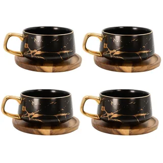 Intirilife Kaffeetasse Marmor Design 200 ml mit Untersetzer (4-tlg.) , Schwarz , Keramik , 8-teilig , 0.2 L , 13x6.3x13 cm , leicht zu reinigen , Geschirr, Tassen, Tassen Sets