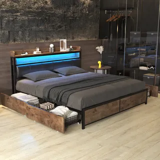 MODFU Polsterbett 160×200cm, Doppelbett Funktionsbett Stauraumbett mit 4 Schubkästen auf Rollen & LED-Erleuchtung,PU-Bezug ,Braun(Ohne Matratze) - Braun