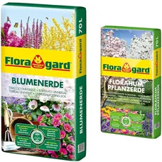 Floragard Blumenerde 70 Liter - Premium Universalerde mit Ton und Langzeitdünger & Florahum Pflanzerde 70 L • Universalerde • für Blumenbeete