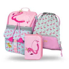 Baagl Schulranzen Mädchen Set 3 Teilig, Zippy Schultasche für 1. Klasse, Grundschule Ranzen Tornister mit Brustgurt, Ergonomischer Schulrucksack (Flamingo)