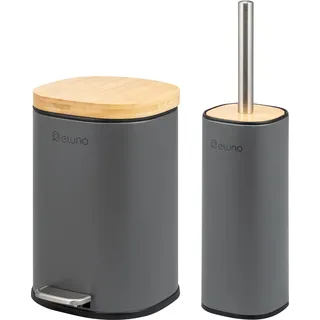 eluno Badezimmer Zubehör Set FRAMURA 2tlg. bestehend aus 1 Kosmetikeimer, 1 WC-Garnitur, aus grauem Metall und Bambus