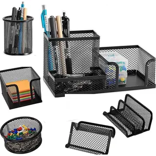 Gokelomg 6 StüCk/Set Metall Schreibtisch Organisation Stift Halter Organizer BüRo Stift Halter Multifunktion Speicher Schwarz Metall Gitter