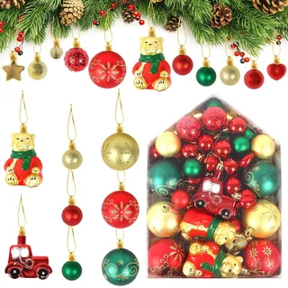 72 Stück Rot Gold weihnachtskugeln christbaumkugeln weihnachtskugeln Plastik Kunststoff Zerbrechungssichere Retro-Miniball-Weihnachtsbälle Set für kleine Weihnachtsbaumdekorationen, Neujahr,mit Seil