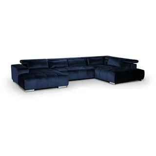 Mivano Wohnlandschaft Orion / Riesige Couch in U-Form inkl. XL-Recamiere und Kopfteilfunktion / 409 x 73 x 225 / Velours, Blau