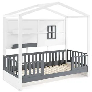 Costway Hausbett mit 2 Regalen 90 x 200 cm Kiefer massiv grau-weiß