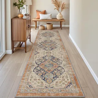 DEXI Läufer Flur Teppich 60 x 210 cm, Küchenläufer Lange waschbar rutschfest, Schmutz & Wasser Aufnehmen Dünne Vintage Teppichläufer für Hauseingänge, Küche, Waschküche, Orange