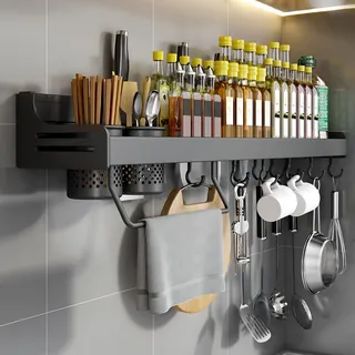 Hovoto Gewürzregal, Gewürzregal Hängend, GewürzregaleKüchenregal wand ohne Bohren, Gewürz Organizer mit Messerschlitz, Haken, Becher, Küchenregal Wand für Gewürze, Schwarz, 80cm