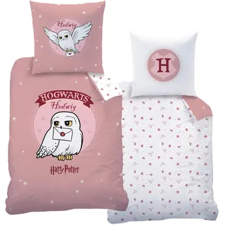MTOnlinehandel Bettwäsche Harry Potter Biber/ Flanell in 135x200 + 80x80 cm, Eule Hedwig, 100% Baumwolle, 2 teilig, kuschelig, weich, Hogwarts, Jungen und Mädchen, Rosa rosa