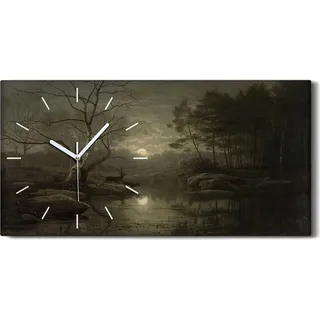 Leinwand Wanduhr Wandkunst Uhr 60x30 Malerei Nacht Mond Bäume Natur Fluss Hirsch - weiße Hände - Weiß