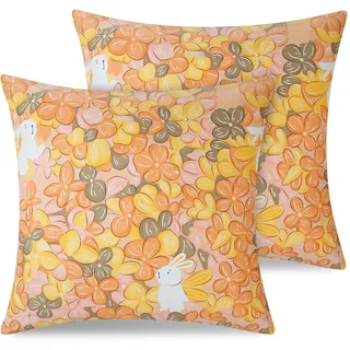 ATsense 2er Set Kissenbezug 80 x 80 cm, 2 Stück - 100% Baumwolle, Kopfkissenbezug mit Reißverschluss, Superweicher Premium und Hypoallergen, ÖkoTex Super Bequemer Kissenhülle(Orange Blumenmuster)