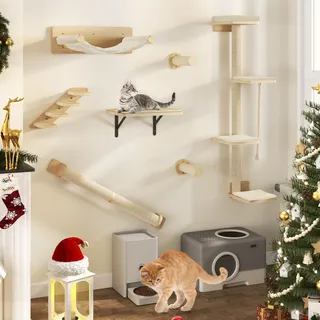YITAHOME 7PCS Kletterwand Katzen, Katzen-Wandmöbel aus Holz, Katzen-Kletterbaum mit 3 Kratzbäumen/4 Stufen, Katzentreppe/Hängematte/Katzenbett, Katzenbaum zur Wandmontage mit 4 Plattformen