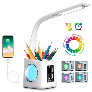 Wanjiaone Schreibtischlampe Kinder LED,Tischlampe Dimmbar mit Uhr, Nachttischlampe Tischleuchte mit 256 RGB Nachtlicht/Stifthalter/USB-Anschluss/3 Helligkeitsstufen/Wecker/für Studium, Büro