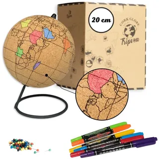 TRIPVEA® - Globus aus Kork mit Marker 20 cm– Weltkugel Vintage-Kork zum Ausmalen – Dekoration zum Thema Reisen – originelle und kreative Geschenkidee für Geographie-Enthusiasten - Höhe = 20 cm
