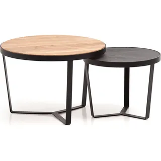 Couchtisch Set 2-teilig Akazie Massivholz Steinoptik Metallgestell Rund - Schwarz