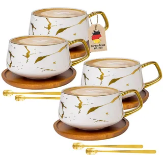 Intirilife Kaffeetasse Marmor Design 200 ml mit Untersetzer (4-tlg.) , Keramik , 8-teilig , 0.2 L , 13x6.3x13 cm , leicht zu reinigen , Geschirr, Tassen, Tassen Sets