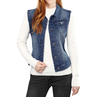 Allegra K Damen Jeansweste Ärmellos Knopfleiste Sommer Denim Revers Jacke Westen mit Taschen Dunkelblau XL