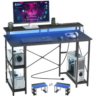 Vevor Computertisch Bürotisch Schreibtisch mit intelligenten LED-Leuchten & Steckdosen, Arbeitstisch mit Monitorständer & 2-stufigen Lagerregalen, Arbeitszimmer Wohnzimmer Homeoffice Schwarz