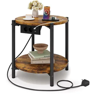 IRONCK Beistelltisch rund, Couchtisch mit Steckdose, Kleiner Tisch Holz, Wohnzimmertisch 2 Ablagen,Sofatisch,USB & Type-C-Anschluss, Metallrahmen, Nachttisch für Schlafzimmer (Vintagebraun, 1 Stück)