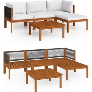 vidaXL 5-tlg. Garten-Lounge-Set mit Kissen Cremefarbenes Holz Akazie & Seil - Weiß