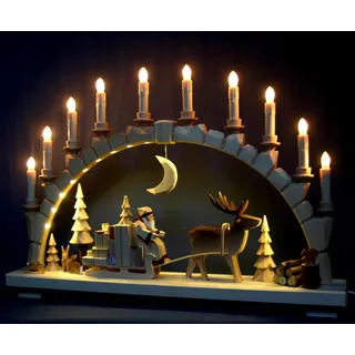 Großer Schwibbogen Weihnachtsmann mit Rentier Schlitten natur geschnitzt Erzgebirge - mehrfarbig, handschattiert