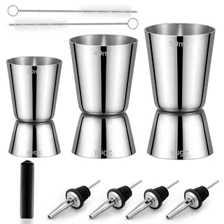 Cocktail Jigger Messbecher Edelstahl Barmaß 3cl/4cl/5cl Gin Measuring Cups Set Klein Doppelmaß Jigger mit 4 Flaschenausgießer 3 Bürste Zubehör für den Barkeeper 3 Stück