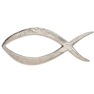 TEMPELWELT Deko Anhänger Deko Symbol Ichthys Christen Fisch 22 cm, Metall Silber foliert, Dekofigur zum Hinlegen, Anhänger Wandsymbol, Glückbringer Talisman Jesuszeichen