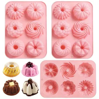 xzhouhe 3 Stück Mini Gugelhupfform Silikon 6 Mulden Kuchenform Silikon Backform Kuchenform Rosa Gugelhupf Backform,Antihaftbeschichted Cake Form für Kuchen Bagels Muffins Brownie Kekse