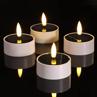 ZIYOUDOLI 4er Solar LED Teelichter Outdoor Wasserdicht LED-Kerzen mit Timerfunktion & Warmweißes Flackern 6 x 6cm(weißer Anzug) Geeignet für den Einsatz im Garten Camping