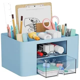 Marbrasse Schreibtisch Organizer mit Schubladen,Multifunktional Stiftehalter Schreibtisch mit 7 Fächer 2 Schubladen,Büro Organizer Zubehör(Blau)