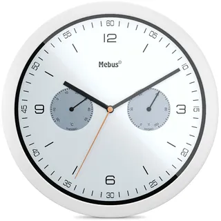 MEBUS Quarz-Wanduhr mit Thermometer und Hygrometer / Kunststoff / Rund / Modell: 16101 / Farbe: Weiß, 26 cm