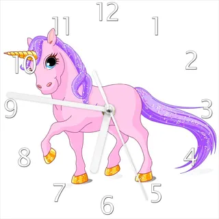 Wallario Design Wanduhr Einhorn in rosa mit Schweif in lila aus Echtglas, Größe 20 x 20 cm - Weiß