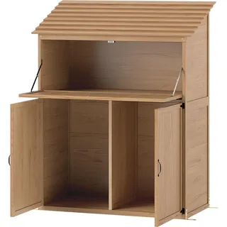 Gartenschrank Holz, Geräteschuppen mit Stufen-Pultdach Ablage klappbar Tisch Doppeltüren 110 x 54 x 136 cm, wetterfest Geräteschrank, Gerätehaus Gartenschuppen für Garten, Terrasse, Naturholz |