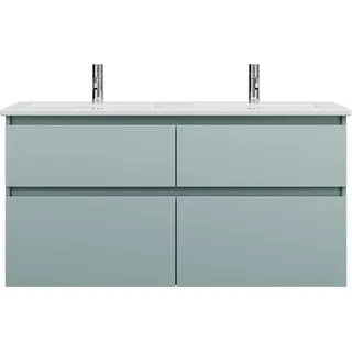 burgbad Lin20 Keramik-Doppelwaschtisch Weiß Glänzend inklusive Waschtischunterschrank, 4 Auszüge, 1230x495x622mm, SGHN123F5395C0001, Farbe: Eisblau Matt / Rückwand Anthrazitgrau