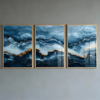 PWAAHDC Navy Blau und Gold Wandkunst 3er Set - Abstrakte Marmor Poster für Wohnzimmer, Schlafzimmer, Badezimmer & Flur - Moderne blaue ästhetische Drucke (ungerahmt 40x60cm)