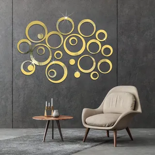 3D Kristall Kreis Acryl Spiegel Wandaufkleber - 24 Stück Runde Zimmer Deko für Schlafzimmer, Wohnzimmer - DIY Home Decoration (Farbe Gold)