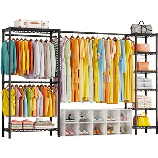 Taotigzu Erweiterbar Kleiderständer,Multifunktional Garderobenständer mit Höhenverstellbaren Einlegeböden,Schwerlast Kleiderständer Metall Garderobenständer Kleiderbügel Kleiderschrank (Schwarz)