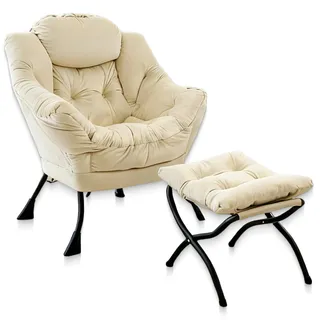 Komfortabler Loungesessel mit Hocker, Samttoff, Stabiler Metallgestell mit rutschfesten Füßen, Einfache Montage, Entspannungssessel für Innenraum - Beige