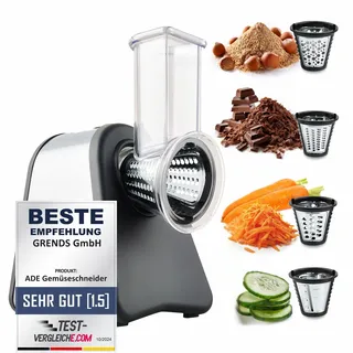 ADE Gemüseschneider elektrisch | Gemüsehobel | Reibe für Obst und Gemüse | Karotten, Gurke, Nüsse | 4 extrascharfe Einsätze | Käsereibe 200 bis 500 W
