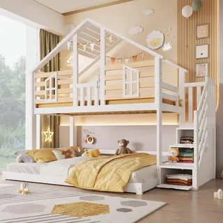 Hausbett Etagenbett 90x200 & 140x200 Weiß Natur, Hochbett mit Fenster & Treppenregal, Massivholz Kinderbett mit Stauraum ohne Matratze - Weiß