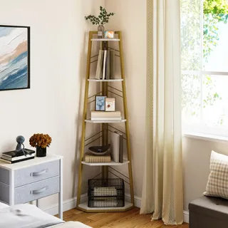 YITAHOME Eckregal, 5-stöckiges Leiterregal, Industrielles Bücherregal, Bodenstehendes Regal, Offenes Standregal aus Holz, für Wohnzimmer, Flur, Schlafzimmer, Home-Office, Gold Lagerregal