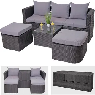 3in1-Garnitur HWC-J37, Garten-/Lounge-Set Sonneninsel, Spun Poly Poly-Rattan MVG anthrazit, Kissen hellgrau - Grau