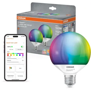 Osram SMART+ Globe Birne mit Matter over Wifi, Vorteilspack mit 2 Stück, E14-Sockel, 14W, 16 Mio RGB-Farben, warmweiß-tageslichtweiß (2700-6500K), funktioniert mit Alexa, Google und Apple, 2er-Pack