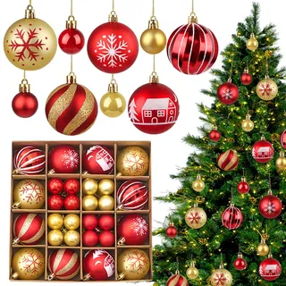 44 Stück Weihnachtskugeln Rot Gold Set, 3cm & 6cm Christbaumkugeln Kunststoff, Christmas Baubles, Bruchsichere Kunststoff Deko Kugeln für Weihnachtsbaum & Festliche Deko (Rot und Gold)