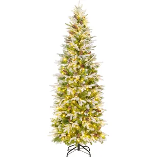 COSTWAY 190 cm Künstlicher Weihnachtsbaum mit Beleuchtung und Schnee, Bleistift Tannenbaum mit 280 warmweißen LED-Lichtern & 60 Tannenzapfen - Grün, Weiß