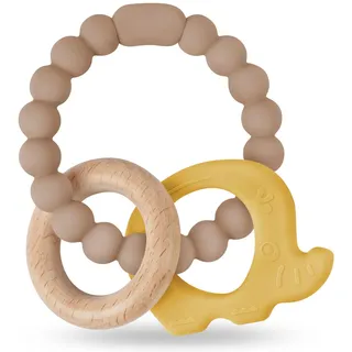 Vicloon Beißring für Babys, Elefant Beißring Spielzeug aus Silikon und Holzringe, Baby Zahnungshilfe BPA-frei, Schmerzlindernde Zahnen Nursing Zubehör für ab 3 Monaten Babys (Gelb)