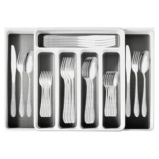 Besteckset für 6 Personen, 30-teiliges Set mit Besteckkasten für Schubladen, Edelstahlbesteck mit Messern, Gabeln, Löffeln und Küchenschubladeneinsätzen - Silber