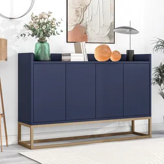 okwish modernes Sideboard im minimalistischen Stil 120 x 30 x 80 cm, 4-türiger griffloser Schubladenschrank, Esszimmer, Wohnzimmer, Küchenbuffetschrank (Marineblau) - Blau