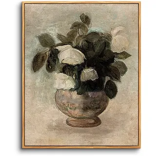 hyidecorart Vintage Leinwand Bilder mit Rahmen Holz, 20x25 cm Klein Wandbilder Wohnzimmer Rose Weiß Kunstdruck, Aesthetic Wanddeko Schlafzimmer Gemälde Desktop Badezimmer Büro Zimmer Esszimmer Flur
