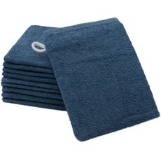 ZOLLNER 10er Set Waschhandschuhe in 16x21 cm - saugstarke und weiche Waschlappen in dunkelblau - mit praktischem Aufhänger - waschbar bis 60°C - Baumwolle - Hotelqualität